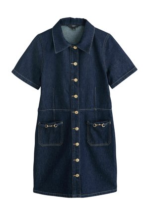 Dunkelblaues Denim-Kurzarmlkleid mit Knopfleiste vorne, zwei Fronttaschen mit Metallketten-Detail und spitzem Kragen.