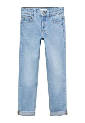 Jean en denim bleu clair avec fermeture par bouton et zip, poches avant, passants de ceinture et revers roulés.