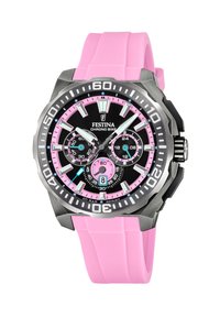 Montre chronographe Festina avec un cadran noir, des accents roses, un boîtier en acier inoxydable argenté, un bracelet en caoutchouc rose et plusieurs sous-cadrans.