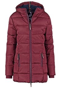 Bordowa pikowana kurtka z kapturem, zapinana na zamek, z dwoma bocznymi kieszeniami i kontrastową podszewką. Gładka faktura i pikowany wzór.