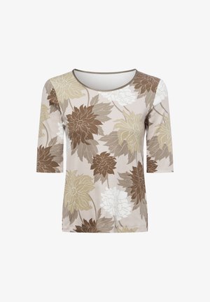 Bluse mit Blumenmuster, kurze Ärmel, runder Ausschnitt, in Creme-, Braun- und Beigetönen. Hergestellt aus weichem, dehnbarem Stoff mit strukturierten Blumen.