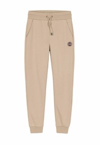 Pantaloni jogger beige realizzati in tessuto morbido con vita elasticizzata, coulisse, tasche laterali e un logo circolare Colmar sulla coscia sinistra.