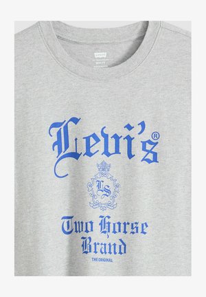 Gray cotton t-shirt with blue graphic text. Features "Levi's®," "Two Horse Brand," and ornate design elements in the center.
