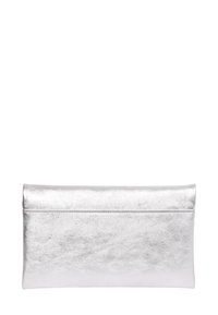 Silver metallic clutch made of textured material, featuring a flat rectangular shape and a sleek, minimalist design without embellishments.