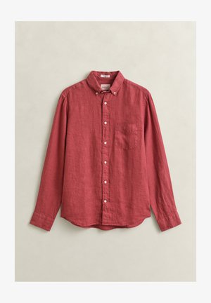 Long-sleeve, button-up red shirt with buttoned collar and chest pocket, displayed flat against a neutral background.