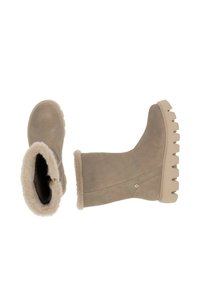 Botas de ante beige con un cuello esponjoso, interior texturizado y suela de goma gruesa. Incluyen cremallera lateral y un diseño de costura simple.