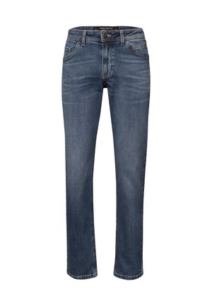 Jeans da uomo in denim blu a gamba dritta, con design classico a cinque tasche e chiusura con bottoni, mostrati in vista frontale su sfondo bianco.