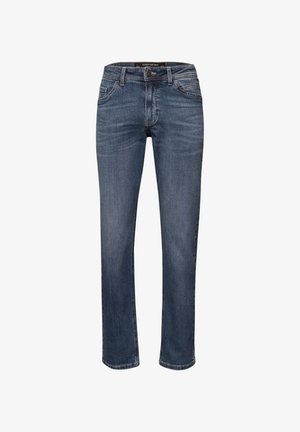 Heren jeans van blauwe denim met rechte pijpen, klassiek ontwerp met vijf zakken en knoopsluiting, voorkant weergegeven op witte achtergrond.