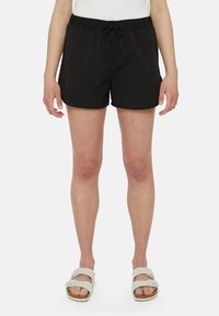 Pantaloni da bagno neri con vita elastica e cordino, caratterizzati da una texture liscia e una vestibilità ampia per il massimo comfort.