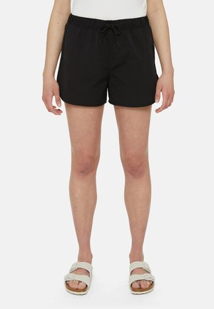 Pantaloni da bagno neri con vita elastica e cordino, caratterizzati da una texture liscia e una vestibilità ampia per il massimo comfort.