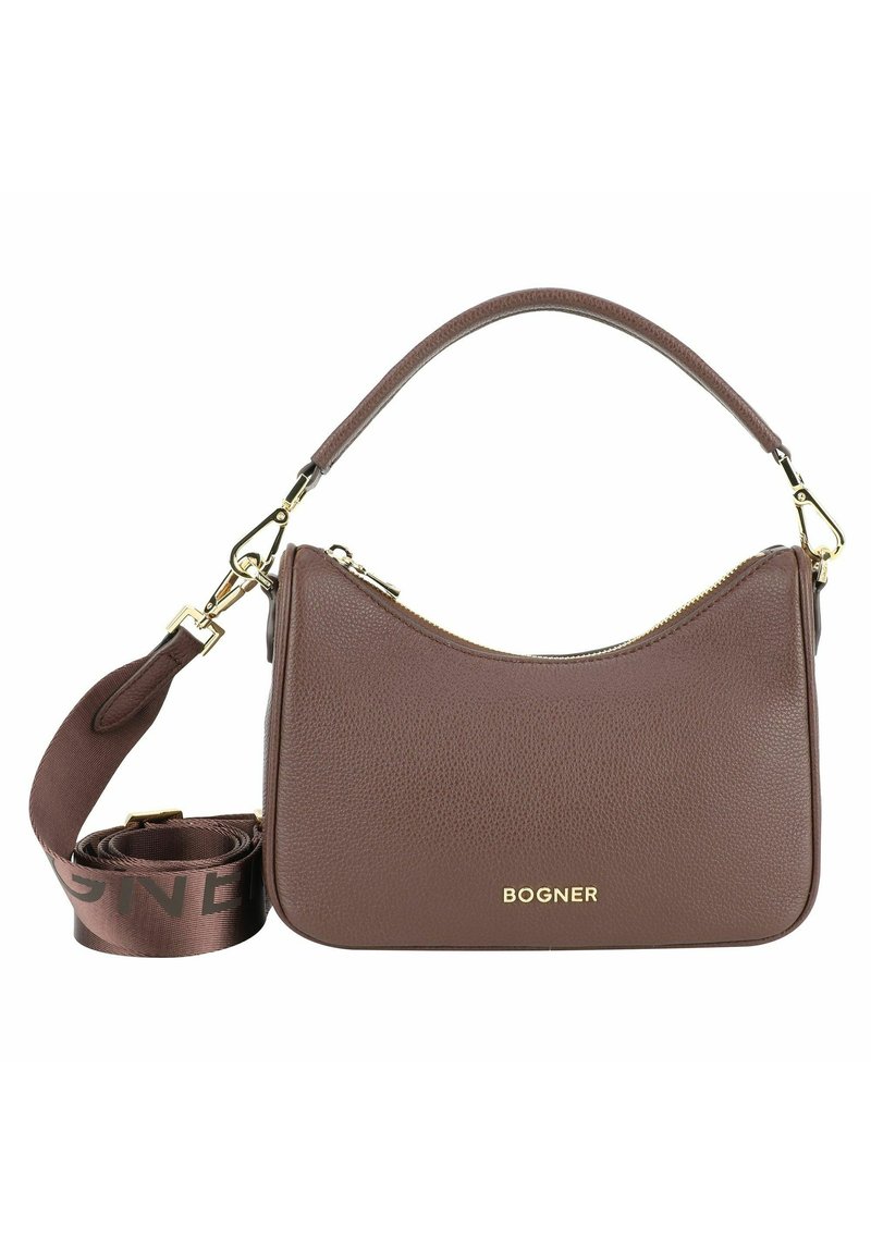 Borsa a spalla in pelle marrone con superficie texture, accessori in oro, chiusura con zip e tracolla rimovibile con logo.