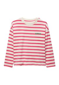 Haut à manches longues, court, blanc avec des rayures roses. Présente un logo vert "MVD" sur la poitrine. Fabriqué dans un tissu doux.