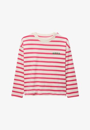 Haut à manches longues, court, blanc avec des rayures roses. Présente un logo vert "MVD" sur la poitrine. Fabriqué dans un tissu doux.