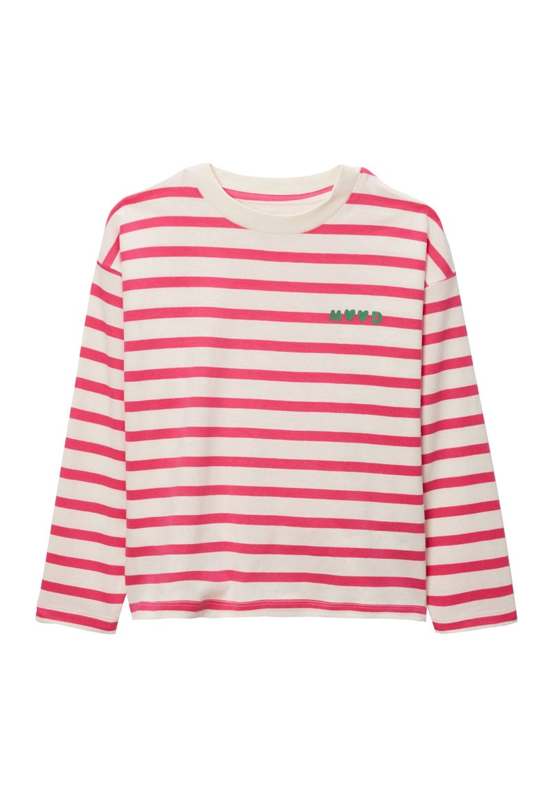 Haut à manches longues, court, blanc avec des rayures roses. Présente un logo vert "MVD" sur la poitrine. Fabriqué dans un tissu doux.