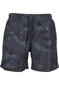 Schwimmshorts für Herren im dunkelblauen Camouflage-Muster, mit elastischem Bund, Kordelzugverschluss und glattem, leichtem Stoff.