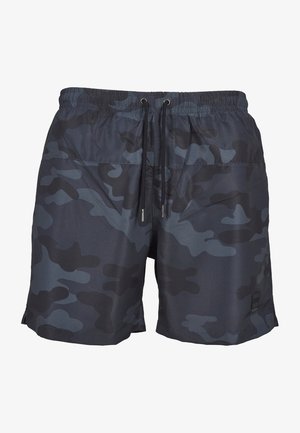 Pánské plavky v tmavě modrém maskáčovém vzoru, s elastickým pasem, šňůrkovým uzávěrem a hladkým, lehkým materiálem.