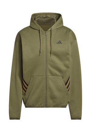 Olive green zip-up hoodie with a drawstring hood, black and orange stripes on sleeves, and a subtle logo detail on the chest.