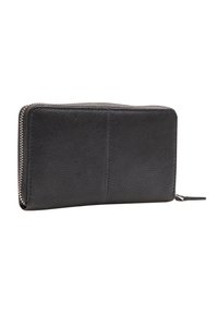 Black leather wallet with a textured surface, zip closure, and vertical seam details. Features a slim, rectangular shape.