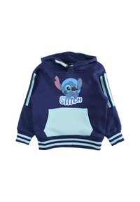 Sweat à capuche bleu marine en coton avec une poche avant, orné d'un motif Stitch et de rayures bleu clair sur les manches et l'ourlet.