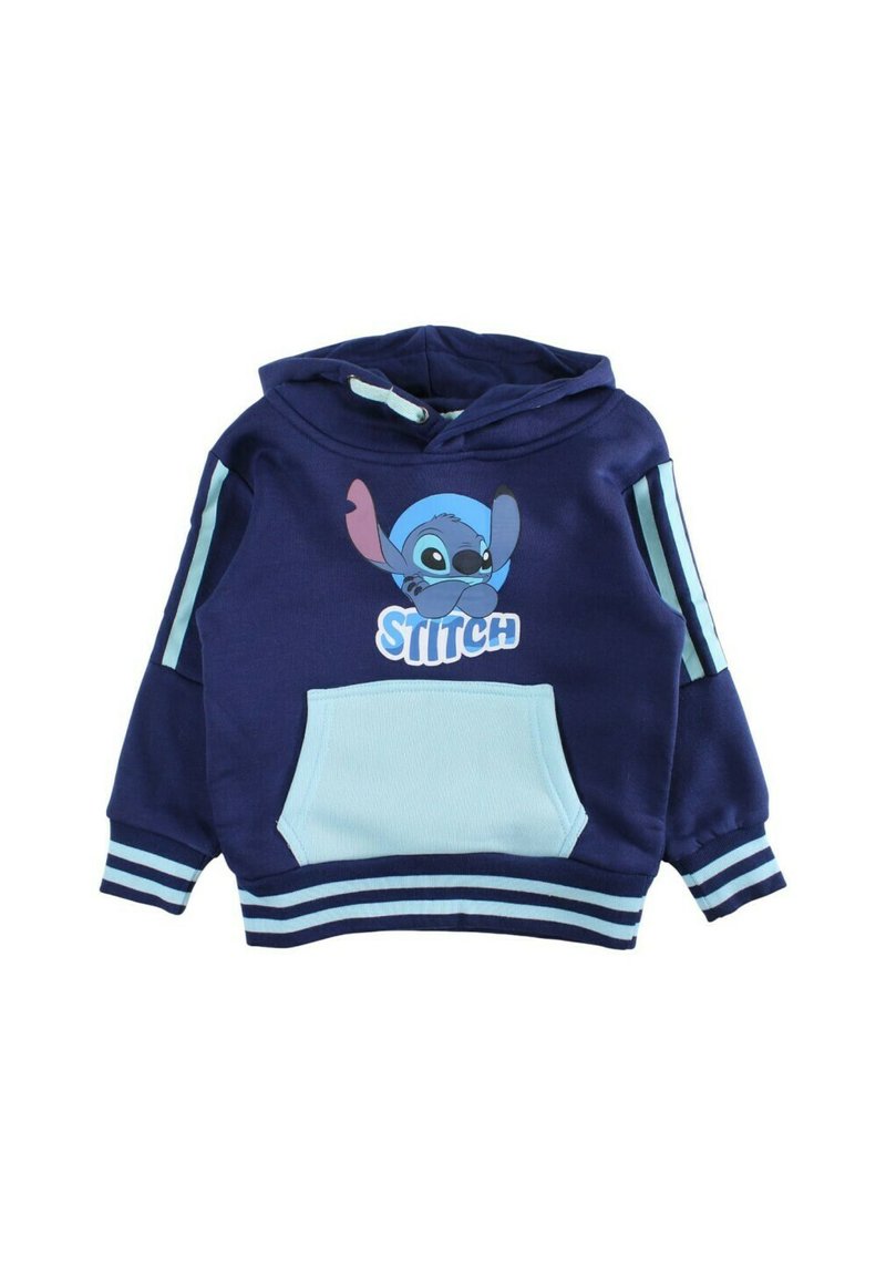 Sweat à capuche bleu marine en coton avec une poche avant, orné d'un motif Stitch et de rayures bleu clair sur les manches et l'ourlet.