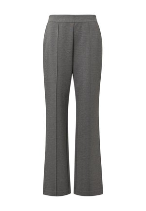 Pantalon gris sur mesure avec une texture lisse, doté d'un design à jambe droite et de légères pinces à l'avant pour un ajustement structuré.