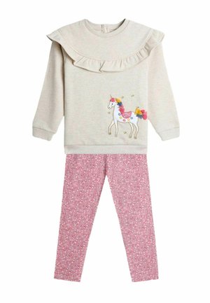 Helles beige Sweatshirt mit rüschigem Kragen und Einhorn-Grafik; rosa Blumenleggings. Weicher Stoff mit detaillierter Stickerei und leuchtenden Farben.
