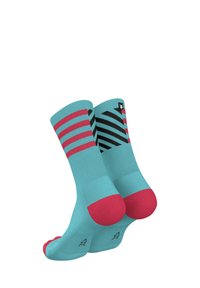 Turquoise socks with black diagonal stripes and pink accents at the cuff and toe. Smooth fabric with a logo patch on one side.