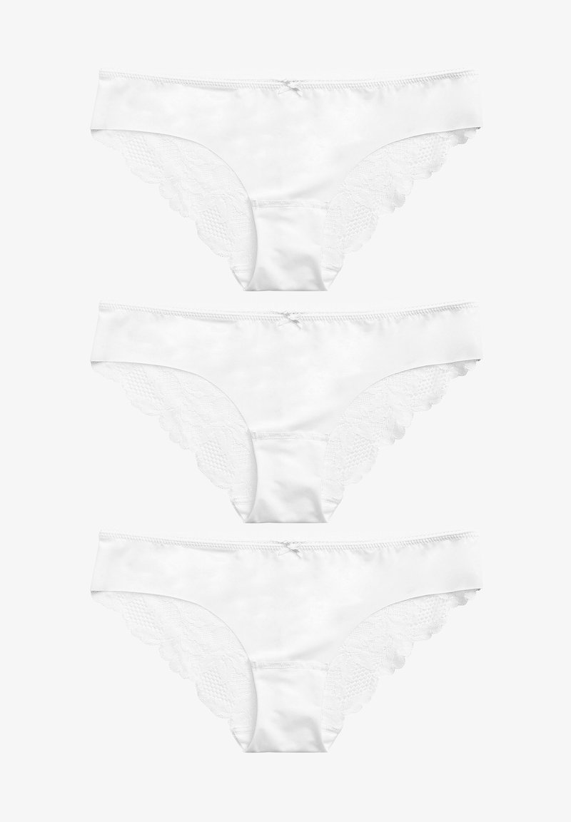 White panties featuring a smooth satin front and lace detailing on the sides, with a scalloped edge and a small satin bow accent.
