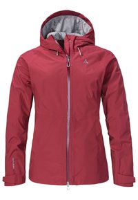 Rote wasserdichte Jacke mit Reißverschluss, verstellbare Kapuze und grauem Innenfutter. Verfügt über elastische Bündchen und ein dezentes Logo am Ärmel.