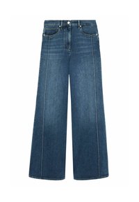 Jeans a gamba larga in denim blu scuro con cuciture bianche a contrasto, design a cinque tasche e chiusura con bottone in vita.