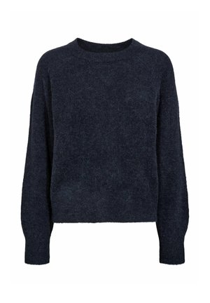 Tumesinise kudumisega sviiter, millel on ümmargune kaelus, pikad varrukad ja pehme, tekstureeritud viimistlus. Tavaline lõige ribatekstiiliga mansettide ja äärtega.