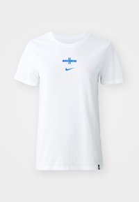 White cotton t-shirt featuring a blue graphic with "ENG" and a horizontal design element, and a blue Nike logo on the front.