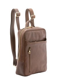 Sac à dos en cuir marron avec quincaillerie dorée. Comprend une poche zippée à l'avant et des bretelles ajustables. Texture lisse et design rectangulaire simple.