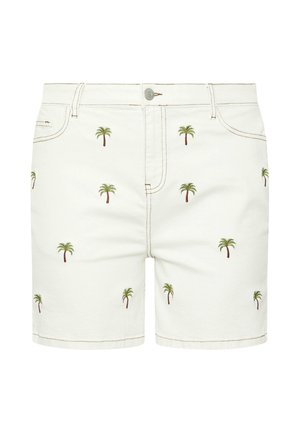 Weiße Jeansshorts mit kleinen, gleichmäßig über den Stoff verteilten, grünen bestickten Palmen, Fronttaschen und einem Metallknopfverschluss.