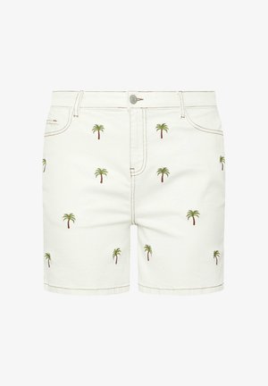 Hvide denimshorts med små, grønne, broderede palmetræer jævnt fordelt over stoffet, forlommer og lukning med metalknap.