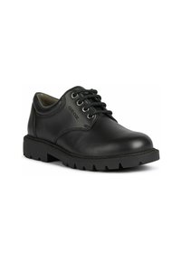 Scarpe oxford in pelle nera con punta rotonda, design con lacci, suola in gomma con motivo di presa testurizzato e logo impresso di lato.