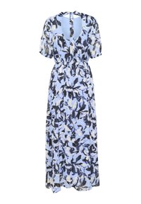 Robe maxi en bleu clair avec des motifs de feuilles abstraits noirs et crème. Elle possède des manches courtes et une fermeture à nouer à l'arrière. Texture de tissu fluide.