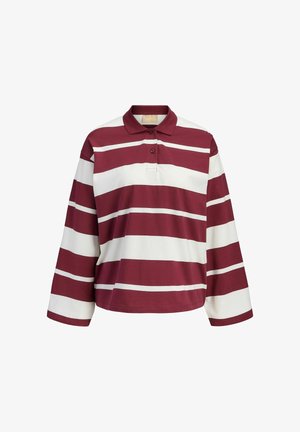 Maroon and white striped long-sleeve polo shirt with a collar, featuring three buttons at the neck and a relaxed fit. Soft cotton fabric.
