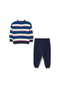 Completo per bambini in cotone, composto da una maglietta a maniche lunghe blu navy a righe, con righe rosse e blu, abbinata a pantaloni blu navy a tinta unita con vita elasticizzata.