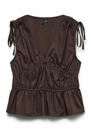 Haut sans manches marron foncé avec un profond col en V, taille élastique froncée avec liens aux épaules, et un ourlet à basque.