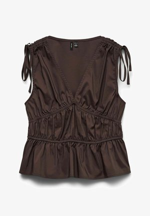 Haut sans manches marron foncé avec un profond col en V, taille élastique froncée avec liens aux épaules, et un ourlet à basque.