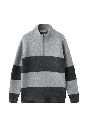 Pull en maille gris avec des rayures horizontales gris foncé, col zippé à mi-hauteur, et poignets et ourlet côtelés, posé à plat sur un fond blanc.