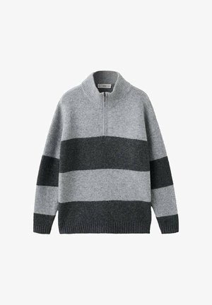 Pull en maille gris avec des rayures horizontales gris foncé, col zippé à mi-hauteur, et poignets et ourlet côtelés, posé à plat sur un fond blanc.