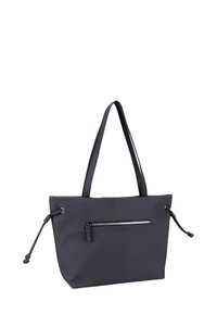 Gray tote bag made of textured fabric, featuring a front zippered pocket, dual handles, and adjustable side straps for closure.