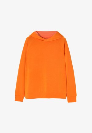 Orange sweatshirt with a hood, featuring raglan sleeves and a soft texture. The interior is a lighter shade of orange.