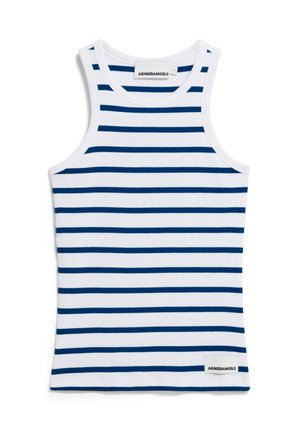 Witte tanktop met marineblauwe horizontale strepen. Beschikt over een ronde halslijn en mouwloos ontwerp. Inclusief een klein merklabel aan de zoom.
