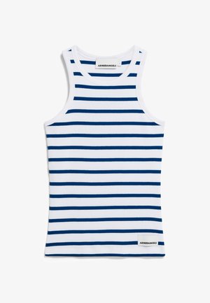 Witte tanktop met marineblauwe horizontale strepen. Beschikt over een ronde halslijn en mouwloos ontwerp. Inclusief een klein merklabel aan de zoom.
