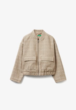 Bomber corto beige in tessuto strutturato, con cerniera frontale, due tasche applicate e orlo e polsini a costine.