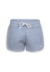 Modré melírované bavlněné kraťasy s bílými akcenty, elastickým pasem, šňůrkou na stažení a logem na dolní levé straně.
