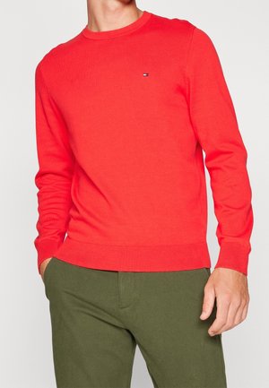 Mann trägt hellroten Pullover mit langen Ärmeln und kleinem Logo auf der Brust sowie olivgrüne Hose, Hände in den Taschen, vor einfarbigem Hintergrund.